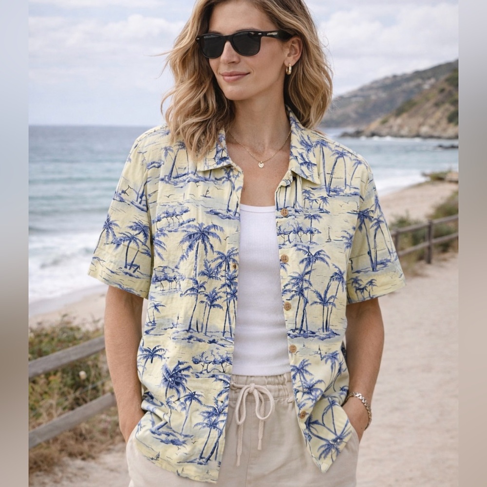 Coastal Summer Linen Tropical Palm Trees and Sailboats Button Down Shirt